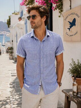 A FISH NAMED FRED Blue Button Down Shirt Cotton Euro Summer Coastal Beachy M